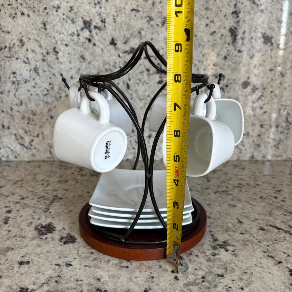 B. Smith Espresso Demitasse Set White Ceramic Square Cups Saucers Metal Rack - Picture 4 of 14